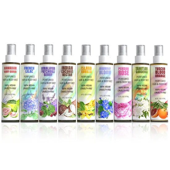 100 % cosmétiques végétaliens en gros 4 types de parfum corporel Mist Spray Parfum pour femmes Mist Spray pour cheveux sous marque privée